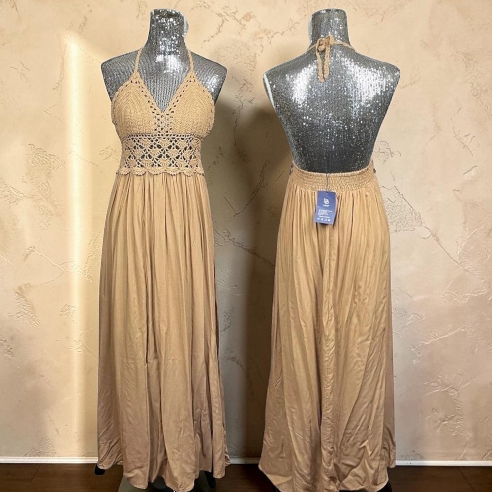 Boho Crochet Halter Maxi Dress Sleeveless Tan Beach Festival‎ Sundress Medium